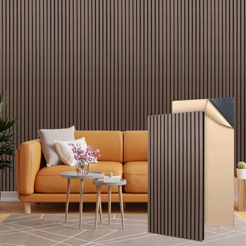 GUUSII HOME Akustikpaneele Holz 4 Stück Selbstklebend Holzpaneele Wand Akustikplatten 120x60cm Acoustic Wall Panels Schallschutz Lamellenverkleidung Schallabsorber Eiche Wandpaneele auf Filz(Walnuss)