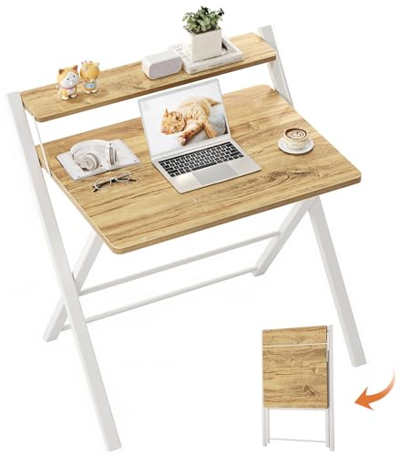 GreenForest Folding Desk No Assembly Required,Computer Desk with Monitor Shelf,Small Desk for Small Space,Oak