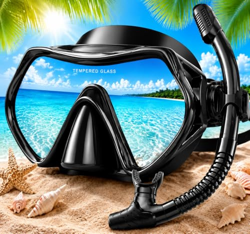 Hydomi Snorkel Set for Adults – Comfortable Leak-Proof Mask with Anti-Fog Tempered Glass, 180° Panoramic View & Dry Top Snorkel, Adjustable Diving Set for Holiday & Beach