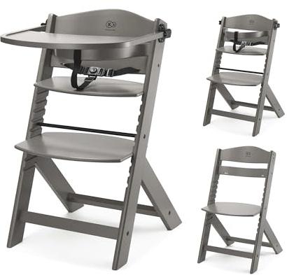 Kinderkraft ENOCK Silla Alta 2 en 1 de Madera 6m-10a, Haya Maciza, hasta 35 kg, Arnés de 3 Puntos, Bandeja Extraíble, Asiento y Reposapiés Ajustables, Barrera de Seguridad, Se Adapta a Mesas de