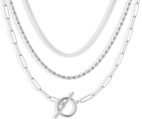 Freekiss Layered Necklaces for Women: 14K Gold/Sterling Silver Plated Chunky Necklace Paperclip Cuban Rope Adjustable Choker T-Bar Toggle Clasp Chunky Necklace for Women Trendy Jewelry Gifts