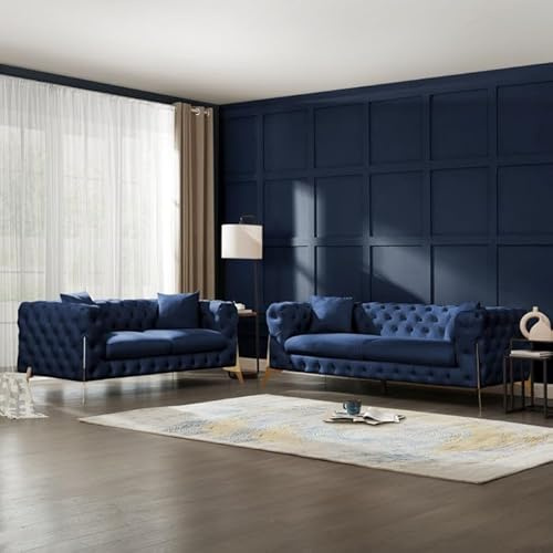 Snooze Luxury Plush Chesterfield Sofas and Couches - 3+2 Seater Sofa set, Arm chair – Tufted Cushions with Sturdy and Durable Gold Legs (Blue Plush, 2+3 Seater)