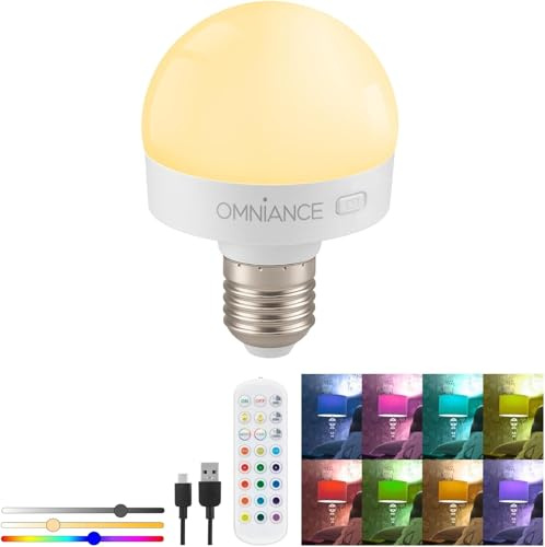 Omniance Rechargeable LED Light Source Bulb with Remote, E27 Adaptor | Cordless colour changing dimmable, magnetic mounting, 30 60 120 minute timer, for shelves, cupboards and reading