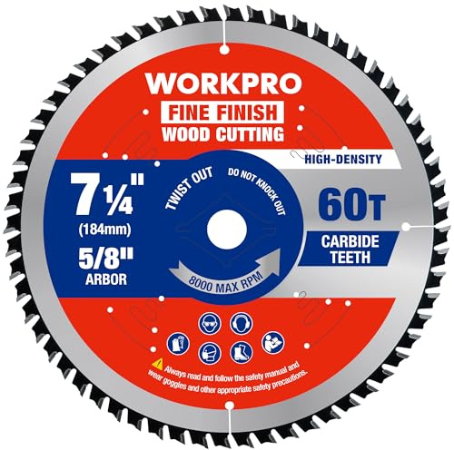 WORKPRO 7-1/4 Inch Woodworking Circular Saw Blade, 60T Fine Finish Plywood Cutting, Thin Kerf, Carbide Tipped, ATB Tooth, 1-Pack