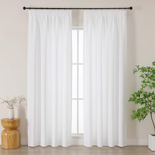 Simplebrand Tende bianche con nastro arricciato, effetto lino, set da 2 pezzi, altezza 220 x larghezza 140 cm, semitrasparenti per soggiorno e camera da letto con ganci a binario