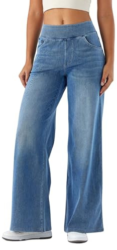 Générique Jean Femme Taille Elastique Baggy Jambe Large Slim Pantalon Denim Extensible Taille Haute Jeans pour Le Yoga,Jogging et Le Gymnase