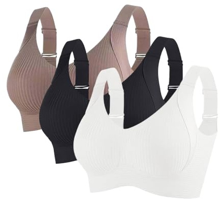 Pack of 3 Sports Bras Women Adjustable Wireless Push Up Bra for Women UK Full Cup Soft Support Ladies Underwear Yoga Gym Everyday Bras Wide Straps Liftting-up Soft Bra