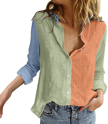 T-Shirt Femme Oversize - Tee Shirt Femme Col V Chic Blouse Couleur Patchwork Tops Manche Longue Hauts avec Bouton Chemise Automne Shirt Manches Enroulables Tops Respirant Hauts Outdoor T-Shirt