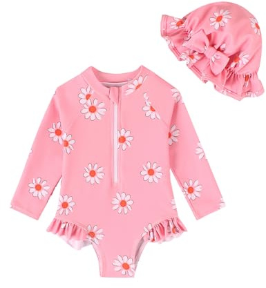 JiAmy - Bañador de bebé para niña con sombrero de sol de manga larga, protección UV, ropa de baño para bebé niña, traje de baño, Flores rosas., 6-12 meses