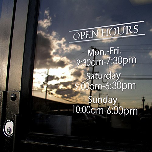 Custom Business Hours Window Decal - Vinyl Custom Lettering Glass Door Sign - 10.5x13.5 or 14x18 - 11 Colors Available - Free Squeegee - Easy Install Manual