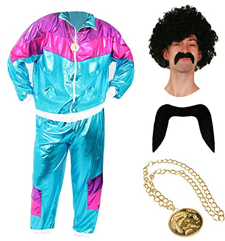 80-tal skalig skyffel överdragströja fin klänning kostym 80 S/90-tal skaldräkt chAV SCOUSER UTOPP MED svart perm WIG 70-tal Tash + plast guld medaljon. Storlek: liten