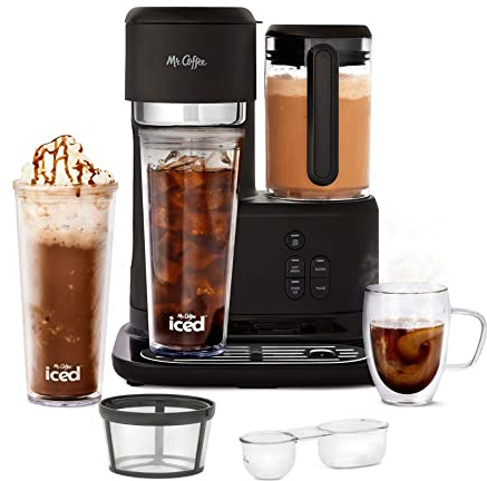 Mr. Coffee 3-in-1 Single-Serve Iced and Hot Coffee/Tea Maker with Blender with Reusable Filter, Scoop, Recipe Book, 2 Tumblers, Lids and Straws, Black