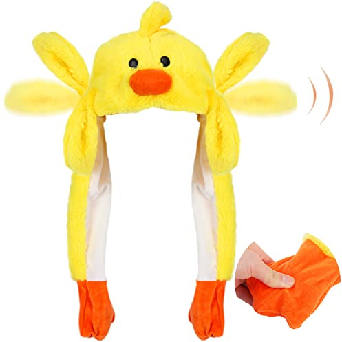 Whaline Yellow Duck Hat Plush Ear Moving Jumping Hats Long Soft Cute Animal Hat Pop Up Ears Funny Easter Cap Dress Up Cosplay for Women Men Girls Boys Animal Theme Party Favor Gift Supplies