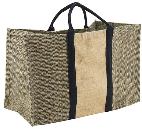 AUBRY GASPARD - Sac à Bûches en Jute Motif Noir - Longueur 60 cm x Profondeur 30 cm x Hauteur 40 cm - Charge Maximum 50 kg - Intérieur Enduit pour Lavage Facile - Poignées Renforcées