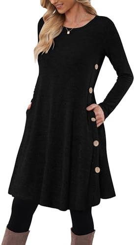 MOLERANI Robe Pull pour Femme à Manches Longues Robe Tunique boutonnée décontractée avec Poches Noir M
