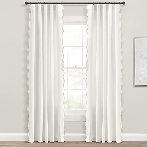 Lush Decor Coastal Chic Scalloped Edge Light Filtering Window Curtain Panels Pair, 52 W x 84 L, Neutral & White - White Curtains for Living Room - Coastal Decor