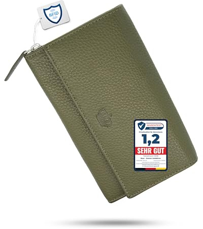 Baur XXL Damen Geldbörse – Echtes Leder mit RFID-Schutz – Extra großes Portemonnaie mit 18 Kartenfächern – Druckknopfverschluss & Münzfach mit Reißverschluss (Olive-Grün)