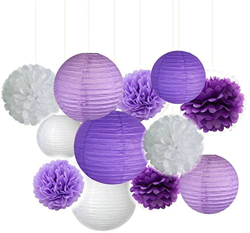 12 Stück Seidenpapier Pompoms und Wabenbälle Dekorpapier Kit für Geburtstag Hochzeit Baby Dusche Parteien Hauptdekorationen,Pompons deko,konfetti wabenbälle deko,Lila A