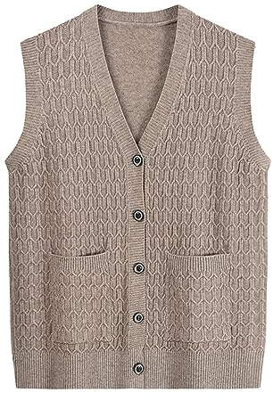 Cardigan da donna con scollo a V, comodo, casual, per autunno e primavera, capispalla senza maniche, per donne medie e anziane, maglia monopetto con bottoni, gilet estivo leggero da donna, cachi,