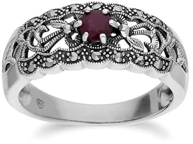 Bague de déclaration en filigrane Art Nouveau simple en argent sterling 925 massif rubis rond et marcassite
