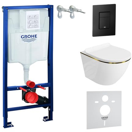 LAVITA | Elemento da parete Solido + parete sospesa WC Sofi Slim Gold Line senza bordi + sedile WC SoftClose | pulsante nero | set completo | cassetta di risciacquo da incasso | WC completo |