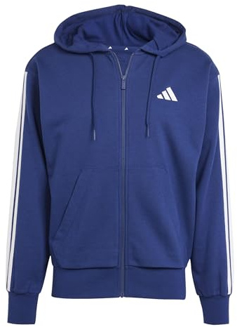 adidas Men's Essential Three Stripes French Terry Fullzip Hoodie Sweatshirt, Dark Blue/White, L