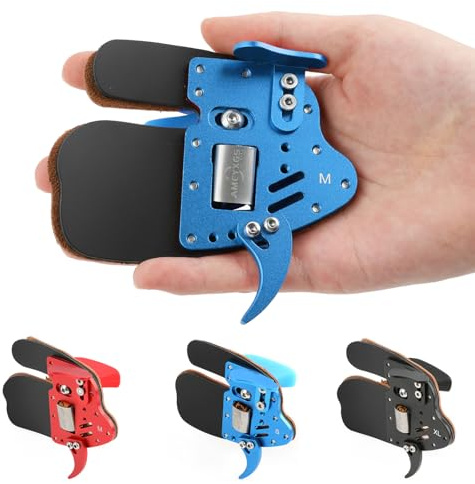 SHARROW Bogenschießen Fingertab aus Aluminium Platte Echtes Leder Fingerschutz Handschutz Einstellbare Schießhandschuhe Schutzausrüstung Finger Tab für Recurve Bogen (Blau+Schwarz, L)
