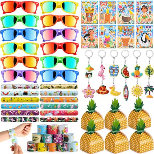 60Stk Hawaii Party Mitgebsel Kindergeburtstag mit Sonnenbrille Partybrillen Set Ananas Geschenkbox Schnapparmband Aufkleber Schlüsselanhänger Sommer Strand Aloha Party Give Aways Gastgeschenke