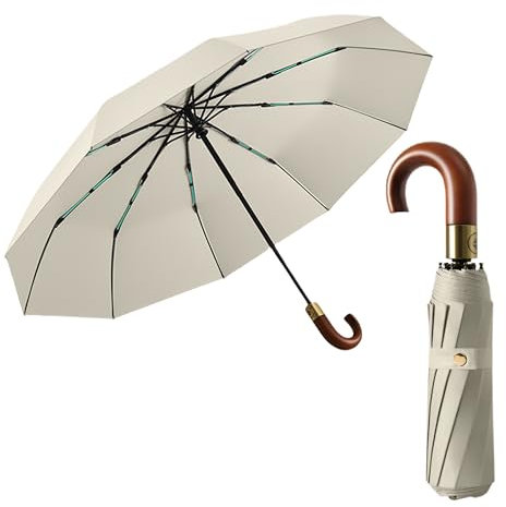 Luxuriösem Gebogenem Echtholzgriff Sonnenschutz Reise10 Rippen mit Freien UV Schutz Faltender Regenschirm Taschenschirm für Damen und Herren,öffnen und Schließen zu Automatik,Wasserdicht