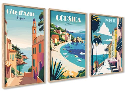ag.art deco Affiche Decoration Murale 30x40 cm | Affiche Murale pour Salon et Chambre à Coucher | Poster Mural Sans Cadre | Lot de 3 Tableaux (Côte d'Azur)