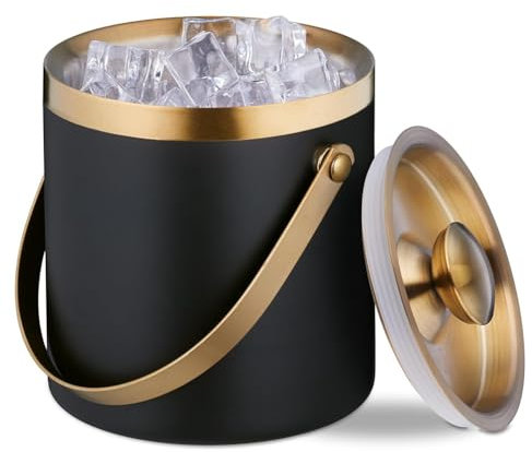 VitalEpcck Seau à Glace, Acier Inoxydable, Double Paroi, Seau à Glace avec Couvercle et Poignée, 2 L, Seau à Glaçons Noir et Or