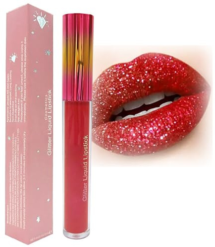 Sparkling Red Metallic Lipgloss, Long-Lasting Diamond Shimmer with Glitter, High-Pigment Matte Liquid Lipstick, Non-Sticky, Waterproof Lip Stain for Girls and Women's Makeup