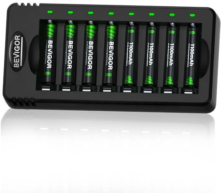BEVIGOR Pilas Recargables AAA Ni-MH, 8 Unidades De Pilas AAA con Cargador De 8 Posiciones para Carga Rápida
