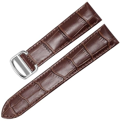 VELORE Klockband för Cartier TANK SOLO RONDE DE Klockor i äkta läder Kedja Vikbart spänne Klockarmband Tillbehör Klocka Armband Bälte(Brown Silver,22mm)