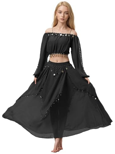 Baisdan Costume da Danza del Ventre Donna, Top Crop con Monete e Chiffon Gonna da Danza del Ventre per Halloween, Spettacoli, Carnevale e Feste a Tema