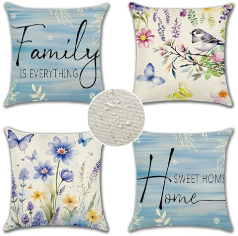 JOTOM 4er Set Outdoor Kissenbezüge Blumen Vögel, Dekorative wasserdichte Wurf Kissenbezug Moderne Kissenhüllen Sofakissen Dekokissen Zierkissenbezug für Wohnzimmer Garten Deko (45x45cm, Blau)