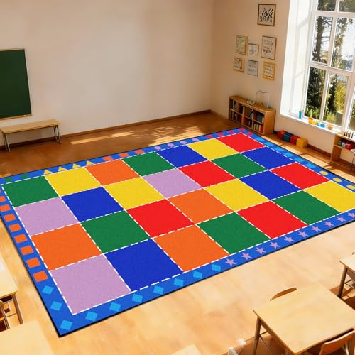 MAISONRINA Large Classroom Rugs Elementary 7'7''x13',Daycare Rugs with Colorful Blocks,Classroom Rug with Seating Spots for Preschool Kindergarten,Kids Rug for Playroom & Kids Room - Seats 28