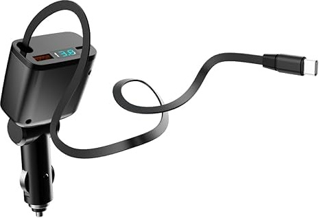 3-IN-1 Caricatore Auto USB C [Super Compatto] 35W Carica Rapida, Accendisigari Auto con 65CM Cavo Retrattile Type-C & Porta USB-C/A, 180° Pieghevole Spina 12/24V, per iPhone/Samsung/Android