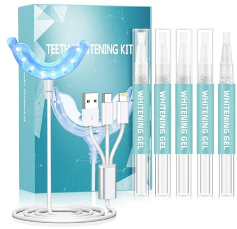 Shynova Set sbiancamento dei denti per sbiancamento dei denti – Kit sbiancante Teeth con luce LED per sbiancamento dei denti e 5 penne gel sbiancanti – Efficace denti bianchi e pulizia dei denti a