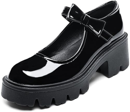 Black Mary Jane Shoes for Women, Platform Mary Jane Pumps, Round Toe Chunky Heel Dress Shoes