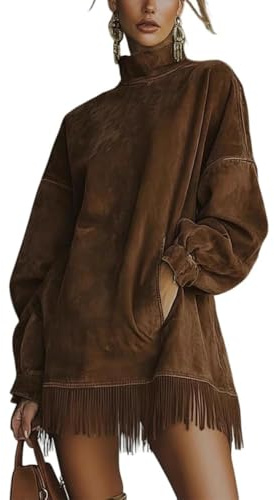 YGSIKY Mini Abito Vintage in Pelle Scamosciata Larga da Donna, Abiti a Maniche Lunghe con Scollo a Lupetto e Nappa, Abito da Cowgirl retrò, Cappotto Patchwork a Maniche Lunghe (Brown,M)
