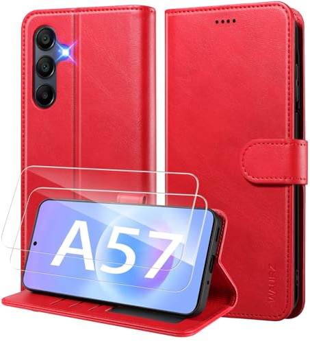 WAURZ Fodral för Samsung Galaxy A57 5G Vikbart Läder med 2 Skärmskydd för Samsung Galaxy A57 5G Flip Plånbok Korthållare Stötsäkert Läderfodral, Röd