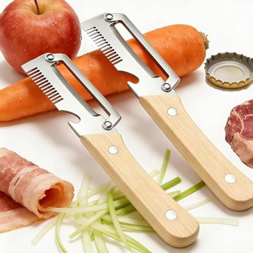 2er-Pack Multifunktions Gemüseschäler 3-in-1 Sparschäler Edelstahl Kartoffelschäler Mit Holzgriff Julienne Schäler Sparschäler Peeler Für Obst Gemüse Fisch Gurken Flaschen (Holzfarbe)