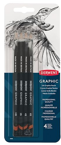 Derwent Graphic Set mit 4 Graphitstiften in weichen Härtegraden 6B–HB – professionelle Qualität, hervorragend geeignet zum Skizzieren, Zeichnen, Schattieren, Entwerfen und Illustrieren