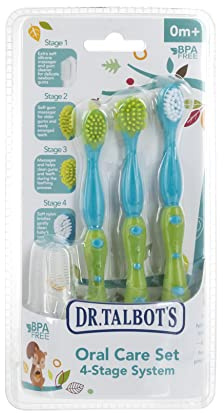Dr. Talbot's Oral Care Set with Stand; 4-Stage System with 1 Silicone Finger Massager, 2 Massaging Brushes, 1 Soft Nylon Bristle Toddler Toothbrush; 0+ Months, Blue & Aqua
