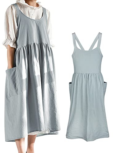 Small snail Enfärgad Förkläde av Bomullslinne Med Stora Fickor Japansk Stil Cross Bandage Halter Pinafore Retro Literature Art Baggy Bib Förkläden Kvinnor för Matlagning Trädgårdsskötsel