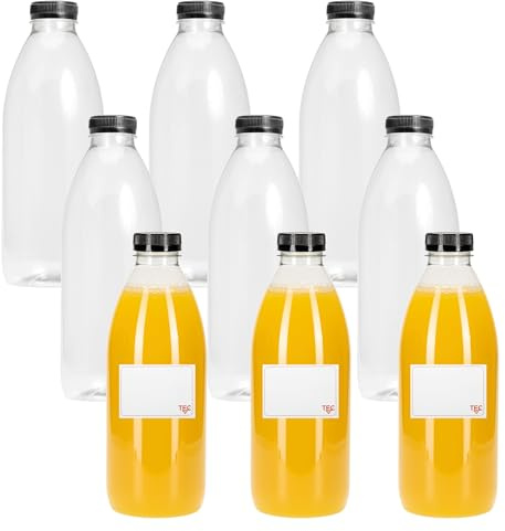 TEC Juice Bottles with Lids 1 Litre UK Made Empty 30% Recycled Clear PET Plastic Bottle Drink Reusable for Fridge Clear Water Milk Juicing Pack Multipack in Bulk Packs