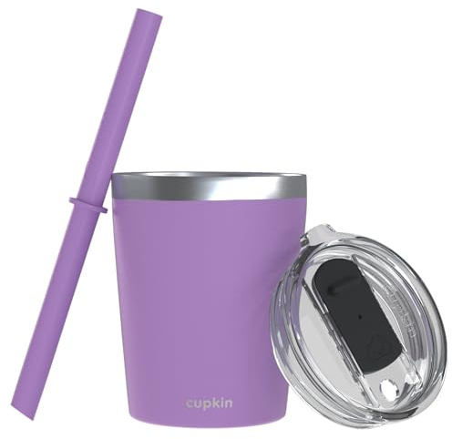 CUPKIN Stackable Stainless Steel Kids Cup Smoothie Tumbler, Powder Coated Insulated Tumblers, BPA Free Lid and Silicone Straw 8 Fl Oz (Pack of 1), Purple