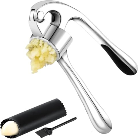 FENGCHUANG Vitlöksppress, rostfritt stål professionell kök ingefära krossare, vitlöksskivare, vitlökspress med vitlöksskalare och borste, användarvänlig vitlökshackare, lätt att rengöra och hållbar (silver)