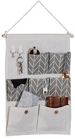 Relaxdays Hängeorganizer, 7 Fächer, 2 Haken, Baumwolle, HxB: 60x39 cm, Bad, Flur, Büro, Organizer zum Hängen, Creme/grau